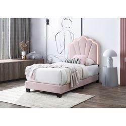 Pink Fabric Platform Twin Bed Frame With LED Light