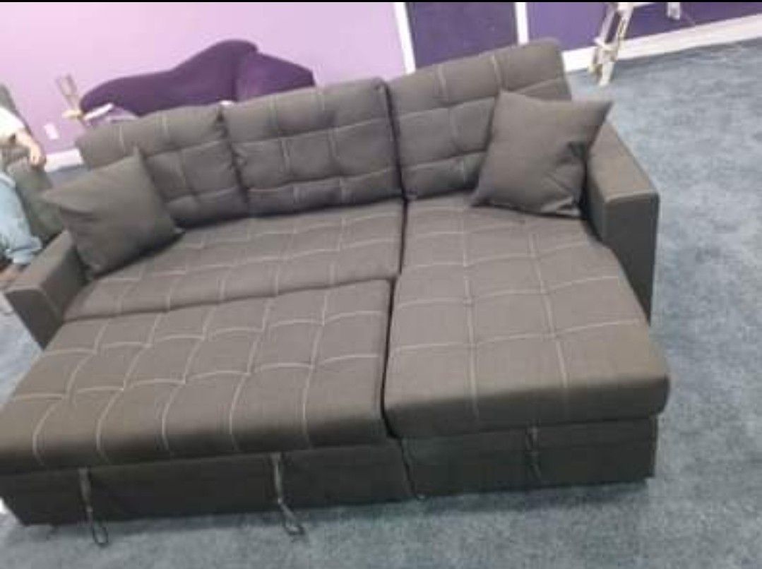 2pcs Sectional Sofa w/ storage chaise & pullout bed
