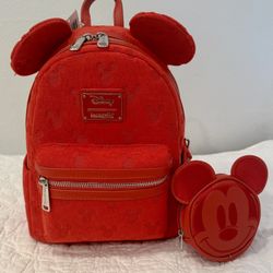 Loungefly Disney Mickey Mouse Red Tonal Texture Mini Backpack w/ Coin Purse