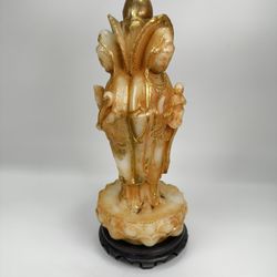 Chinese Tibetan 3 Body Kwan-yin Guanyin Buddha Statue White Jade Glass Gold Gilt