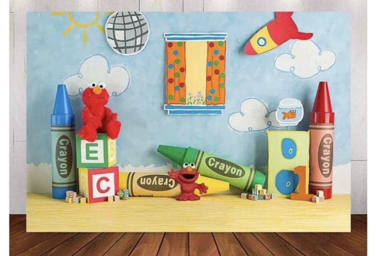 Elmo Back Drop, Elmo Find The Nose Game, & Elmo High Chair Band (all Together)