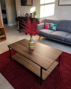 Modern Coffee Table with Storage Shelf Metal Frame for Living Room 43" Wood Tabletop Tea Table Cocktail Table,Easy Assembly, Walnut
