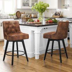 26.5 in. Brown Faux Leather Solid Wood Leg Counter Height Swivel Bar Stool With Back（Set of 2）