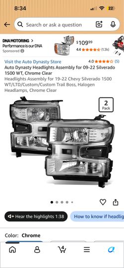 Auto Dynasty Headlights Assembly for 09-22 Silverado 1500 WT, Chrome Clear Headlights Assembly for 19-22 Chevy Silverado 1500 WT/LTD/Custom/Custom Tra