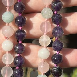 Vintage Amethyst Bead Necklace Hand Knotted Prayer Beads Jewelry Rose quartz Jade Long Strands Estate Find Jewelry Healing Gemstones Hand knotted  