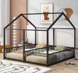 Double Floor Bed For Twin Size House Bed For 2 Kids Two Shared Beds Platform Beds , Black Metal Frame Floor Bed with Rails