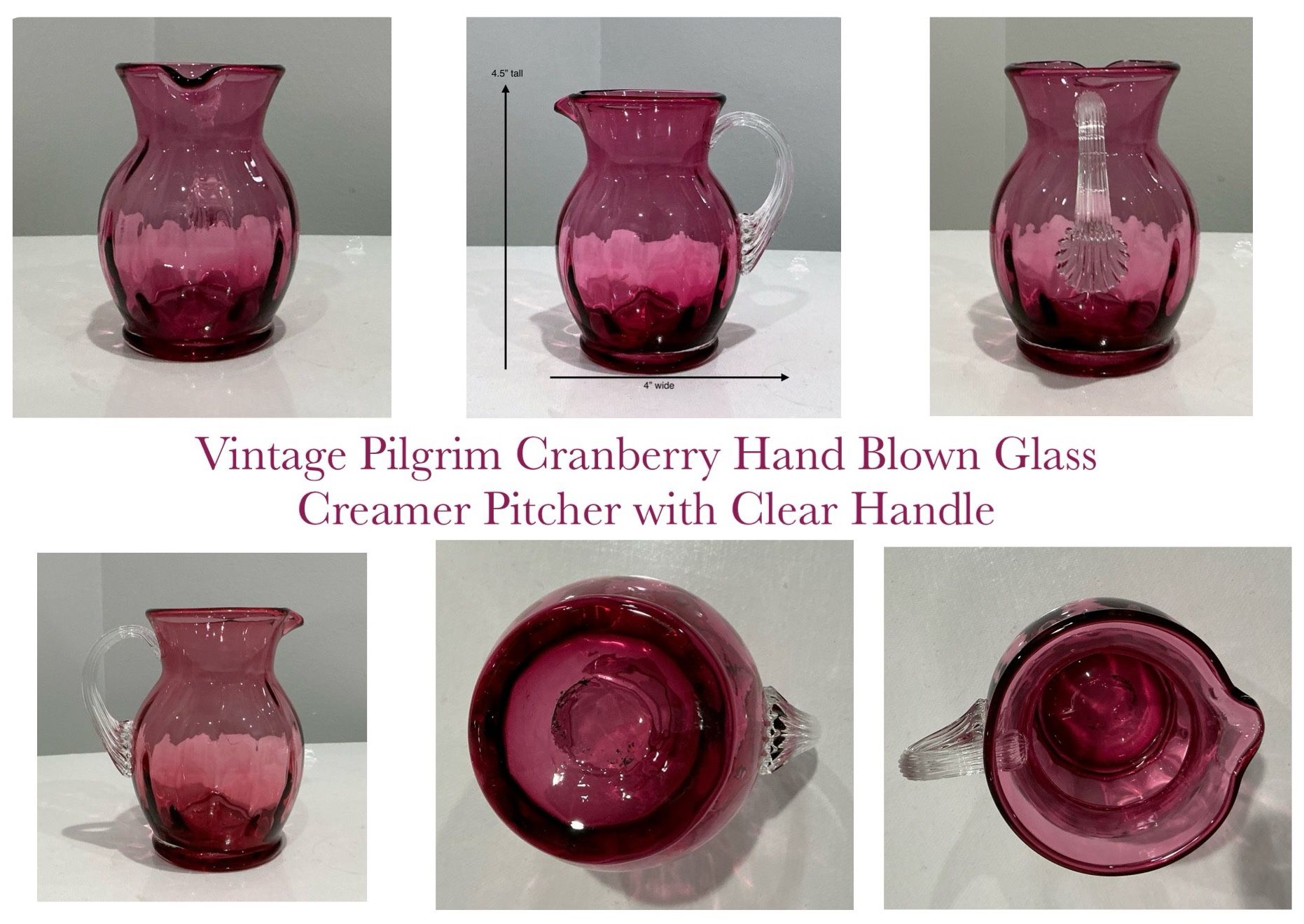 Vintage Pilgrim Cranberry Hand Blown Glass Creamer Pitcher with Clear Handle