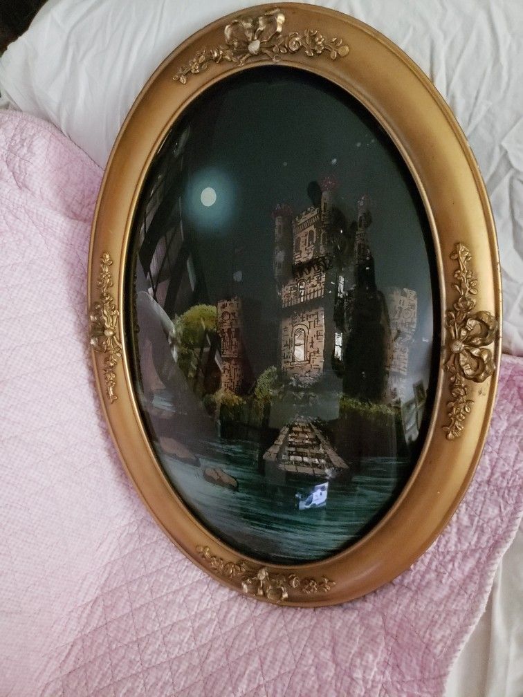 VICTORIAN REVERSE PAINTING "ON THE DANUBE" CASTLE ON DANUBE RIVER CONVEX BUBBLE GLASS ORNATE OVAL WOOD FRAME