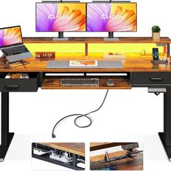 DK40 $130  Electric Standing Desk with Drawers & Keyboard Tray, 55 Inch Height Adjustable Gaming Desk with Power Outlets & LED Lights, Sit Stand Table