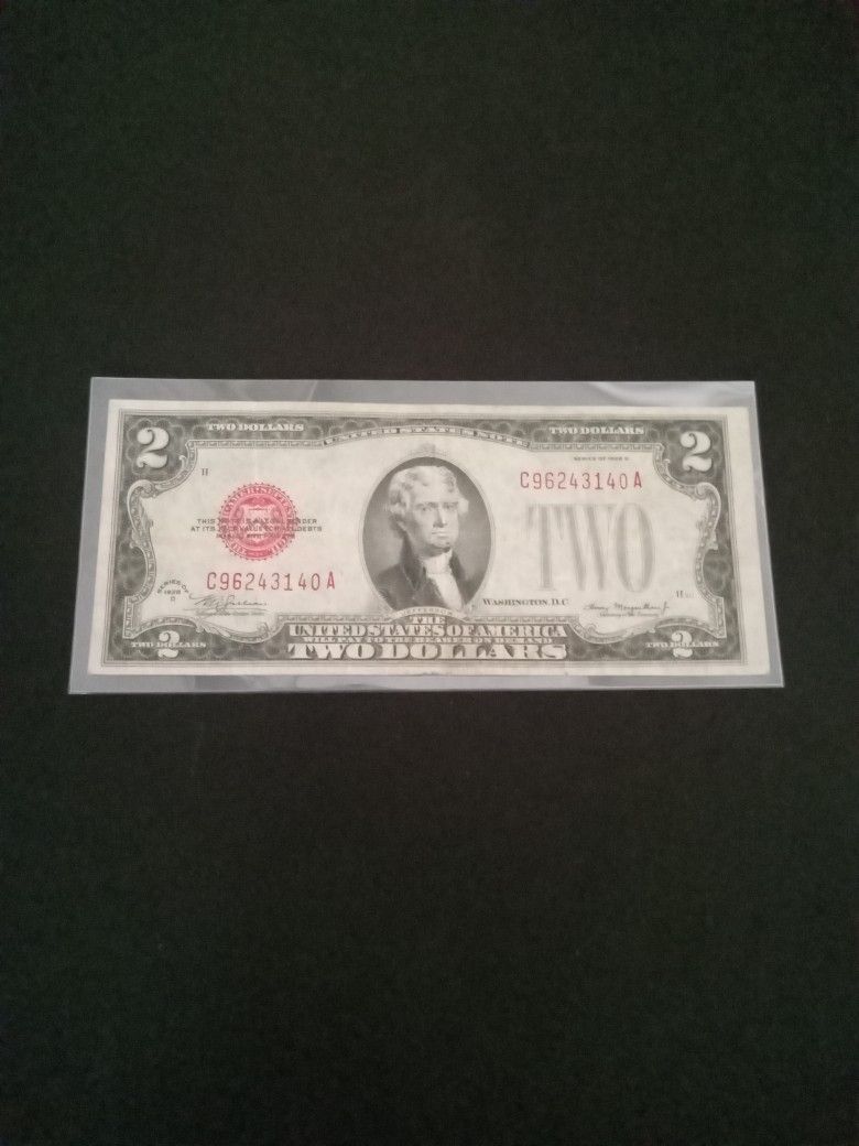 Vintage Old 1928 D Series Red Seal USA $ 2 Dollars Banknote