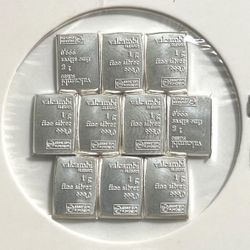 Lot Of 10 X Silver 1 Gram Valcambi Silver Bars .999 Fine 10G Total!