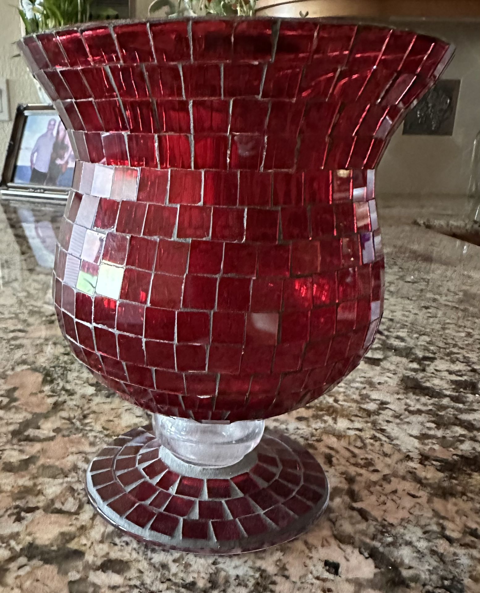 Vintage Red Mosaic Glass Hurricane Candle Holder, Vase, Candle lamps, or Chalices