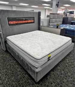 NEW Grey King & Queen Size Platform Bed Frame Fireplace Display in Headboard Bluetooth Speakers
