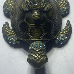 New Mom & Baby Turtles Brown Metal Trinket Box Blue Rhinestones Magnetic Closure