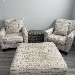 Ashley Chairs and matching ottoman with 4 matching throw pillows. (Dark gray ottoman not included).