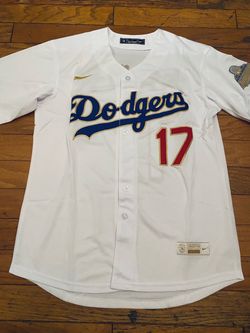 White gold blue Los Angeles dodgers Shohei Ohtani Japanese kanji Jersey