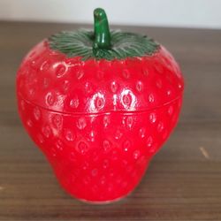 Vtg. Strawberry Milkglass Container-jar Colored Red With Green Glass Stem