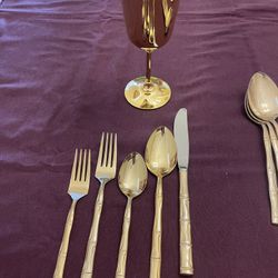 12 Gold Plated Silverware Set - 14 Water Goblets