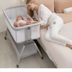 ANGELBLISS Baby Bassinet Bedside Sleeper, Easy Folding Portable Bassinet for Baby with Wheels, Adjustable Height, Included Mattress (Beige)