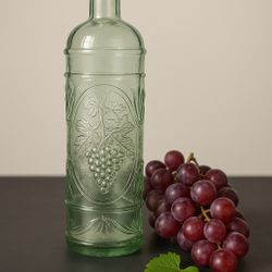 Spanish Vintage 1950s Green Tint Glass Wine Bottle Embossed Grape Vines, 11.5”