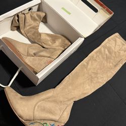 Embroidered Tan Knee-High Boots