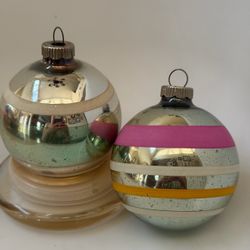Vintage Shiny Brite Glass Christmas Ornaments USA Striped Set of 2 2.5”