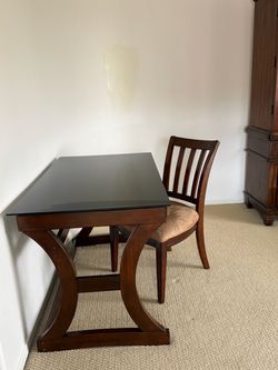 Elegant Wood Desk with Glass Top & Matching Chair – $175
