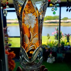 Vintage Amber and Crystal Vase 1960s Poland 10"