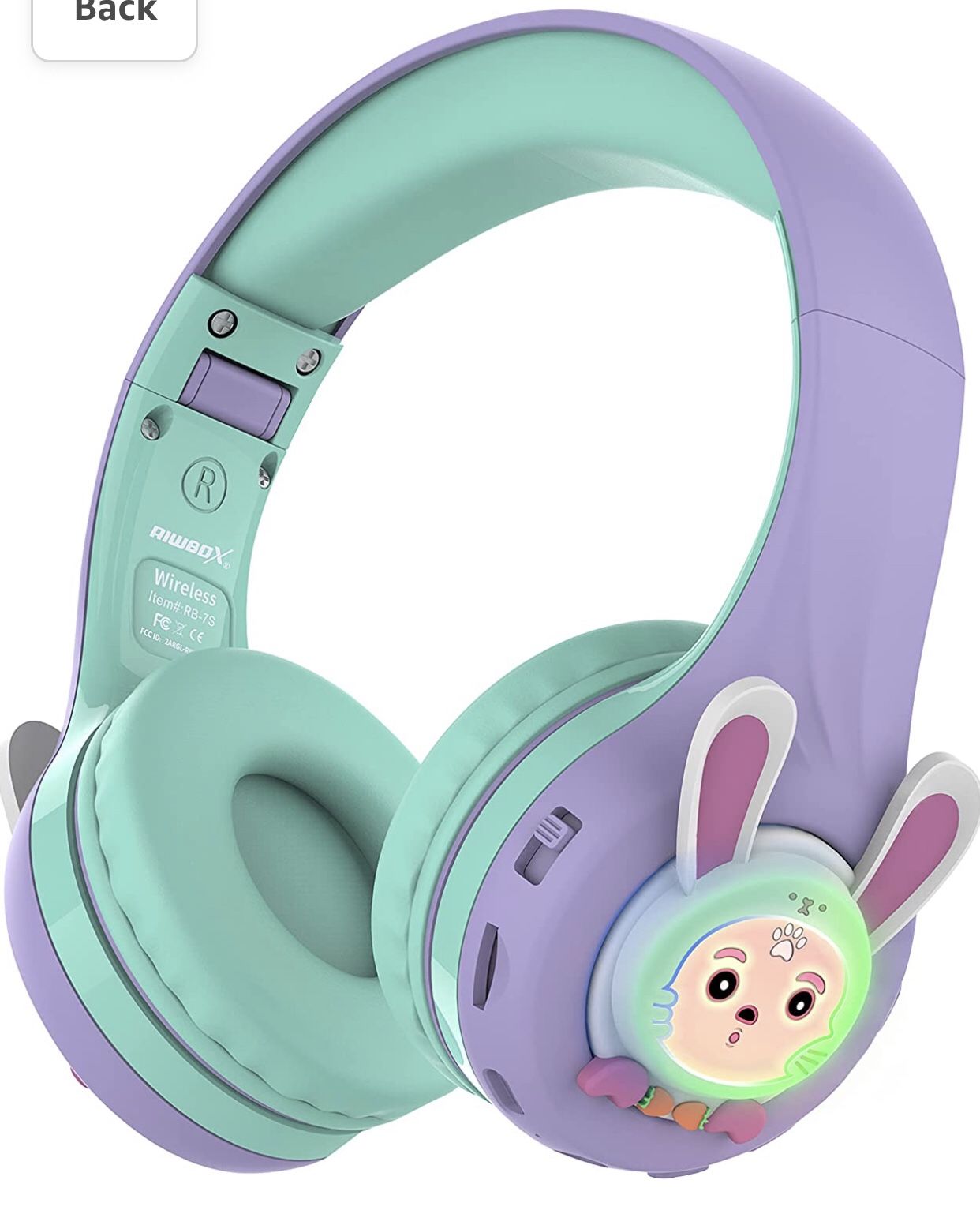 Riwbox RB-7S Rabbit Kids Headphones Wireless, LED Light Up Bluetooth Over Ear Headset Volume Limited Safe 75dB/85dB/95dB with Mic and TF-Card, Childre