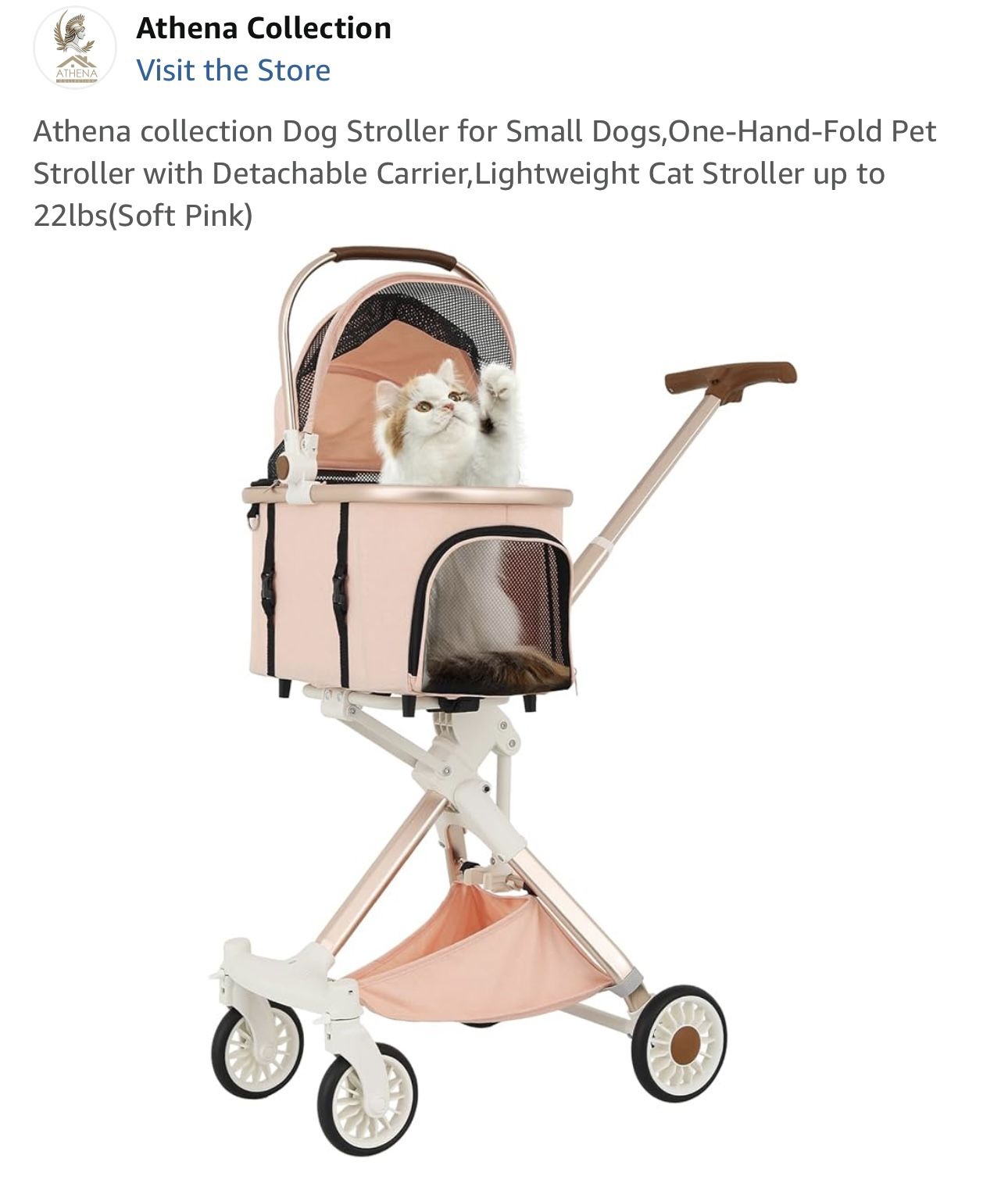 Athena collection Dog Stroller for Small Dogs,One-Hand-Fold Pet Stroller with Detachable Carrier,Lightweight Cat Stroller up to 22lbs(Soft Pink)
