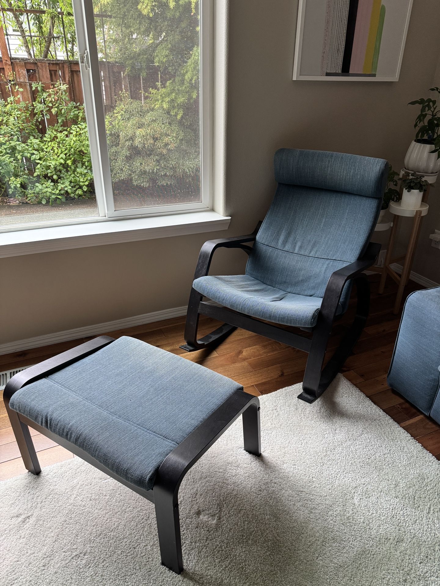 IKEA POÄNG Rocking Chair + Ottoman – Black-Brown Wood with Hillared Dark Blue Cushion