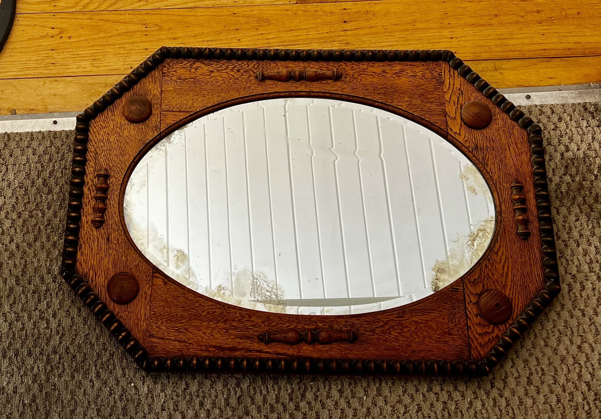 Vintage Framed Oak Octagon Beveled Ordinal Glass Mirror