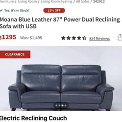 Moana Blue Leather Power Dual Reclining Sofa 