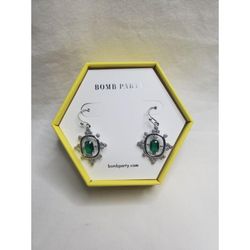 Emerald Fish Hook Dangle Earrings Rhodium Plated Fashion Jewelry