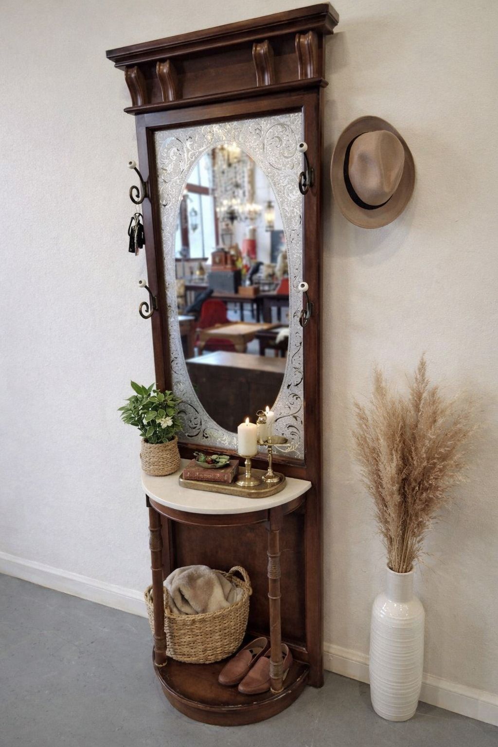 Vintage Entryway Hall Tree w/ Mirror & Hooks – Solid Wood (Beautiful Statement Piece)