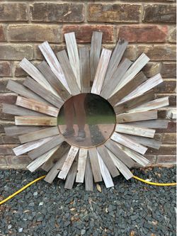 Stonebriar Large Round 32 Wooden Sunburst Wall Mirror with Attached Hanging Bracket, Decorative Rustic Decor for the Living Room
