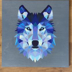 "Geometric Wolf" 14"x14" Wood Canvas Print - Handmade Wall Art