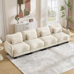 Rosedale 132" 4-Seater Chenille Curve Design Modular Sofa with 4 Waist Pillow