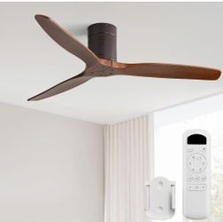 R4） Sofucor 52 Inch Wood Ceiling Fan No Light, Flush Mount, Walnut Remote Control, 3 Solid Wood Blades, Quiet Reversible DC Motor, Timer, 6 Speeds for