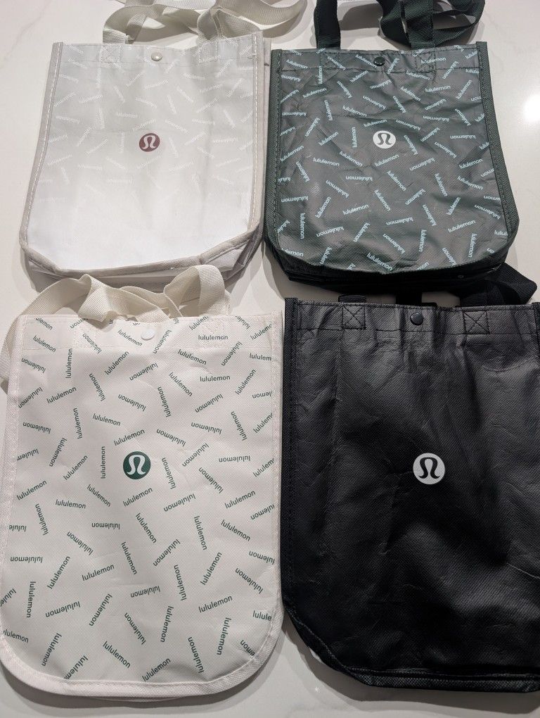 Lot of 4 Small Lululemon Reusable Shopping Tote Bags Black Grey Green White