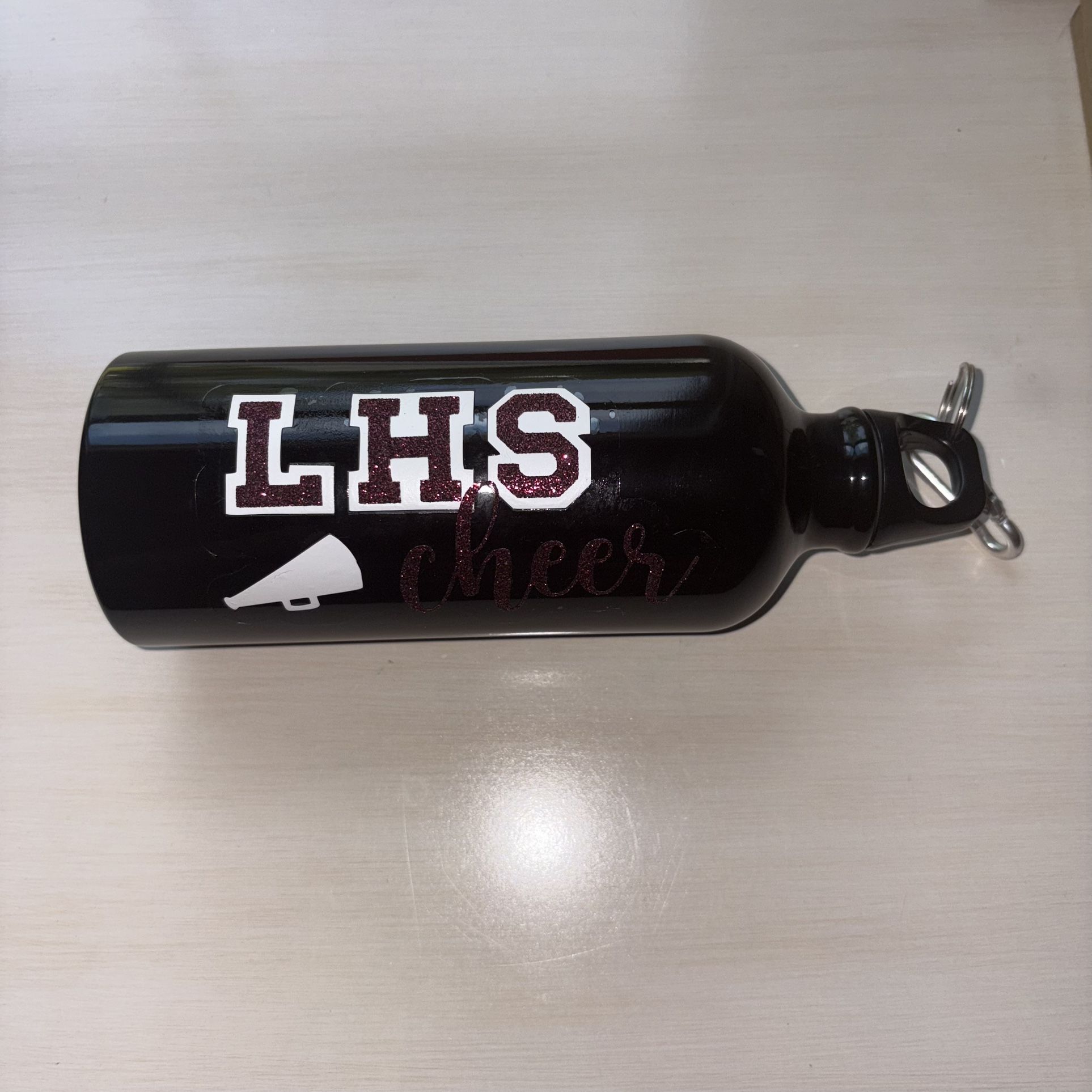 LHS Cheer Black and Maroon Metal Water Bottle with Caribiner