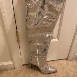 Silver Thigh High Heel Boot