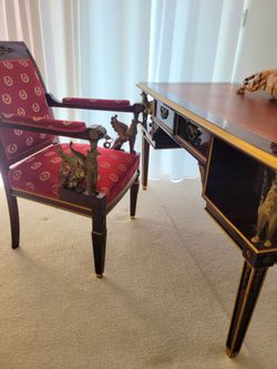 Executive French Empire Mahogany Bronze Griffin Leather Desk 4 pc Suite