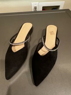 Black Suede Pointed-Toe Mules with Rhinestone Strap