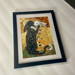 Framed Klimt-style rabbit print – black & white hares 5x7