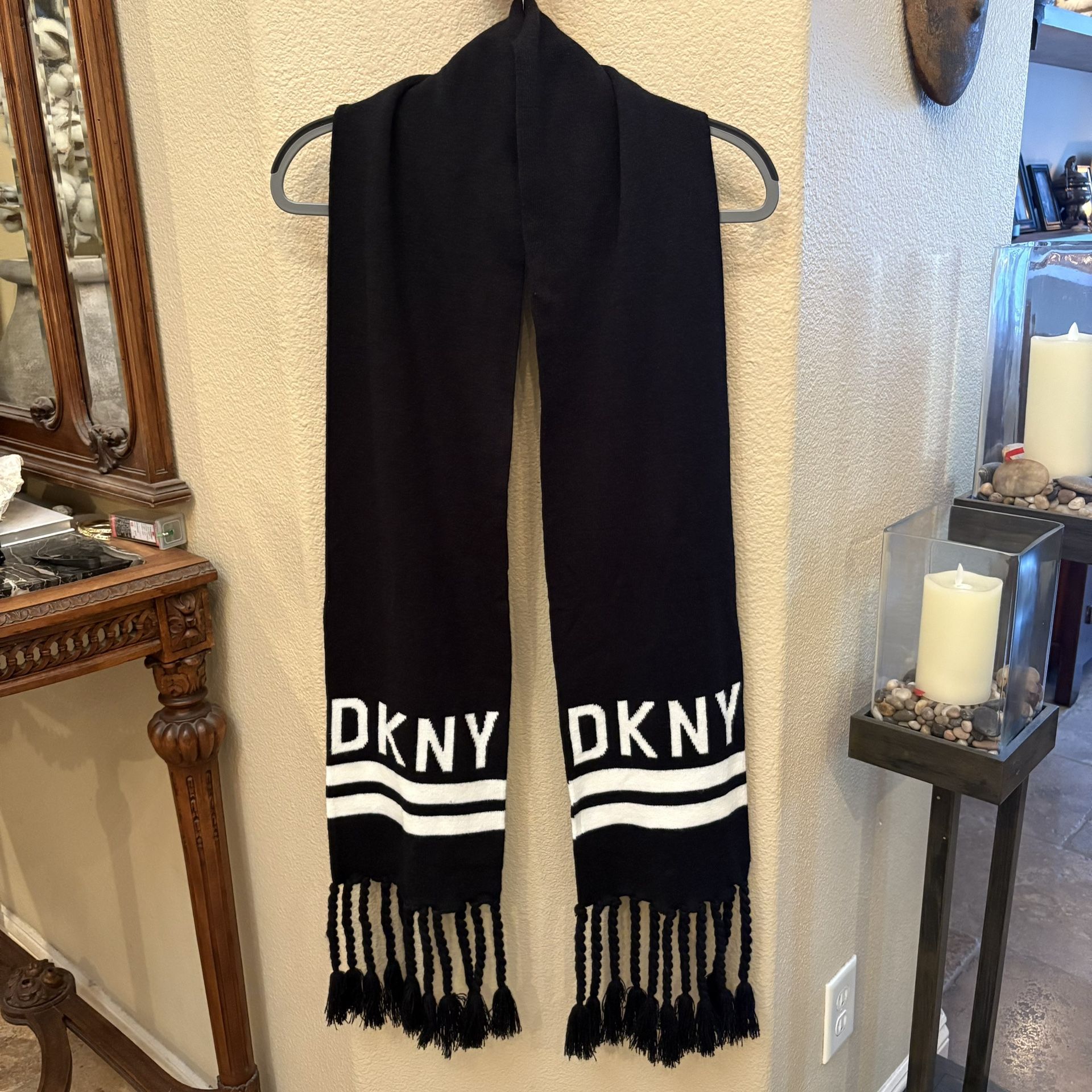 DKNY Black and White Logo Scarf with Tassel Fringe
