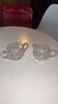 vintage American Brilliant Period (ABP) cut crystal creamer and open sugar bowl set features intricate wheel-cut hobstar, fan, and crosshatch pat