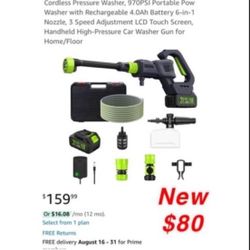 New Cordless Pressure Washer, 970PSI Portable Power Washer with Rechargeable 4.0Ah Battery 6-in-1 Nozzle, 3 Speed Adjustment LCD Touch Screen,$80