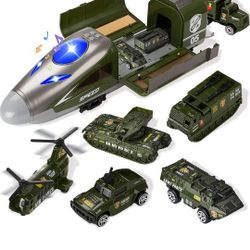JOYIN 7Pcs Military Diecast Vehicles and Cargo Train Toy Set Has Friction Powered 1 Transport Train with Light and Sound Sirens 6 Military Diecast Veh