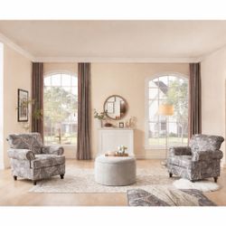 Set Of 3pcs Classic Paisley Floral Chenille Accent Rolled Arm Chair with An Ottoman Thick Cushion for Living Room Club Chairs